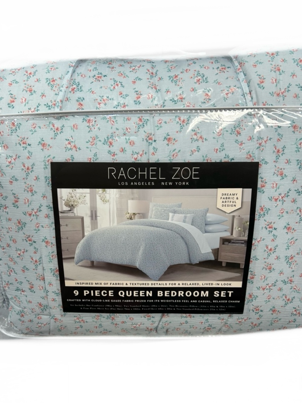 Rachel Zoe Blue and Multicolored Queen Cloud Like Gauze Comforter Set 90”x90”